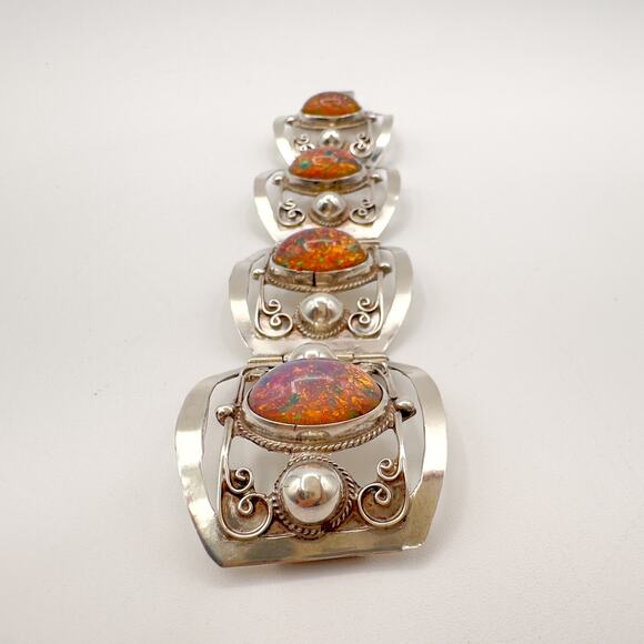 Taxco Sterling Silver Faux Opal Panel Bracelet w Cutouts Scrolls Mexico Vintage - Picture 8 of 13